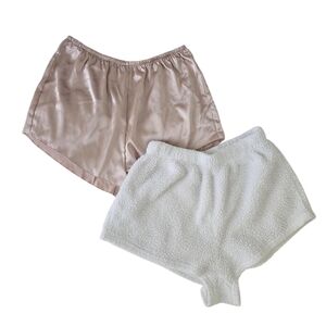 SHEIN White Fleece & Nude Satin Sleep Shorts | SZ L